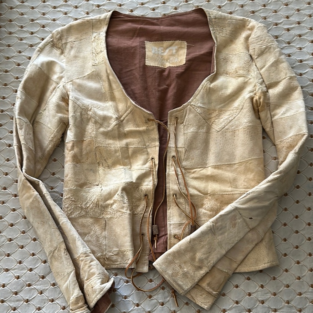 Woodstock Hippie Leather Patchwork Women's Cream Jacket Top